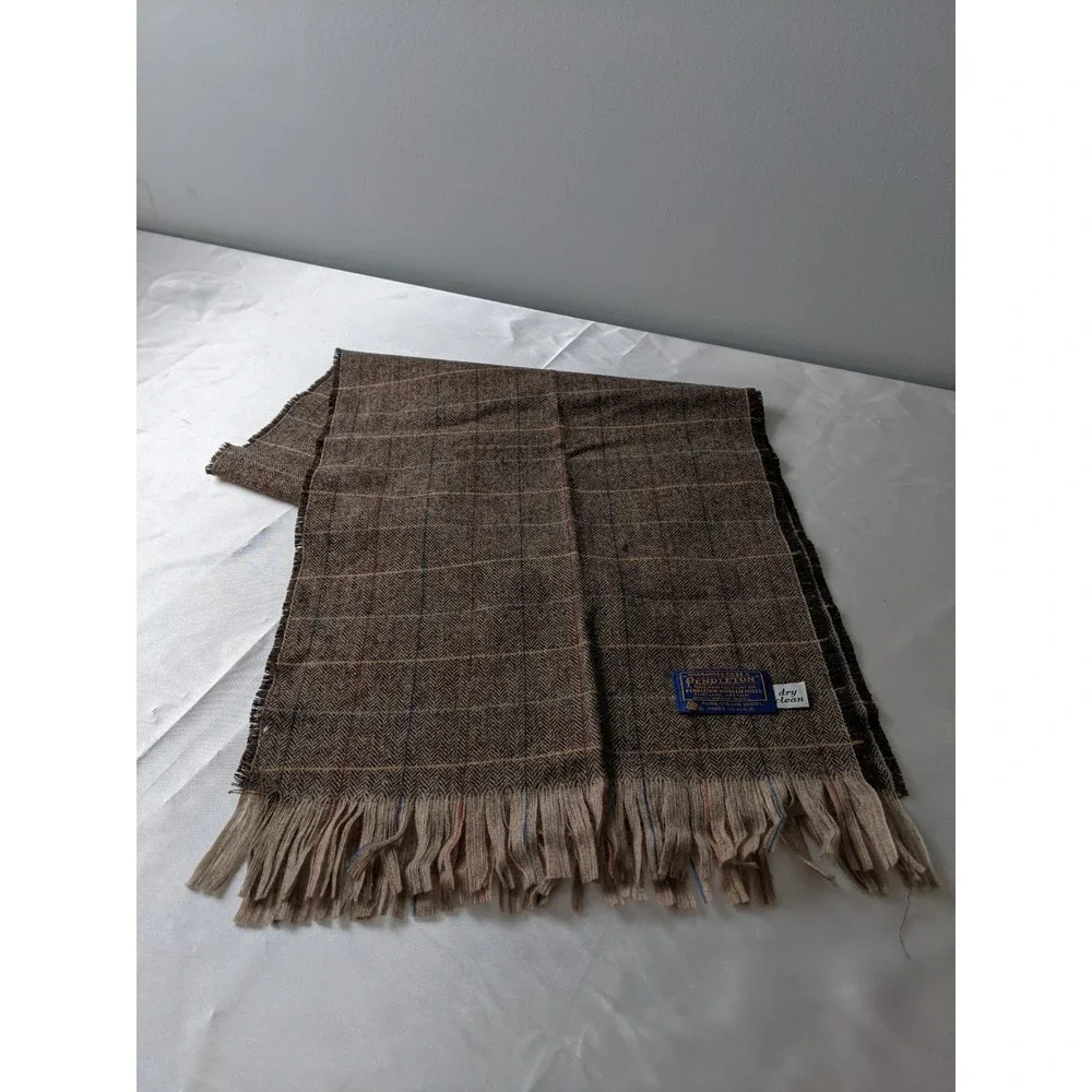 Pendleton Scarf Brown Herringbone Windowpane Plaid 100% Virgin Wool Made in USA